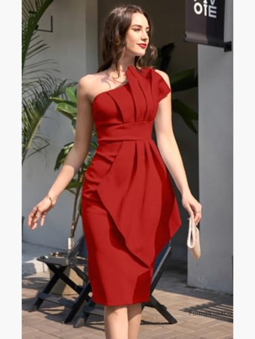 Elegant One Shoulder Pleated Bodycon Midi Dress - Sleeveless Club Night Out - Picture 2 of 4